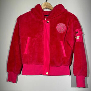 GUESS Kids Big Girl Hot Pink Faux Fur Short Zip Up Coat With Hood Size M (10-12)